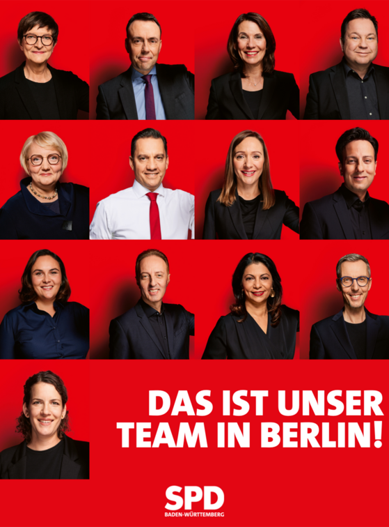 Die gewählten SPD-Kandidierenden aus Baden-Württemberg für die Bundestagswahl 2025 auf einer Fotomontage vor rotem Hintergrund. Unten steht: "Das ist unser Team in Berlin" und das Logo der SPD Baden-Württemberg.